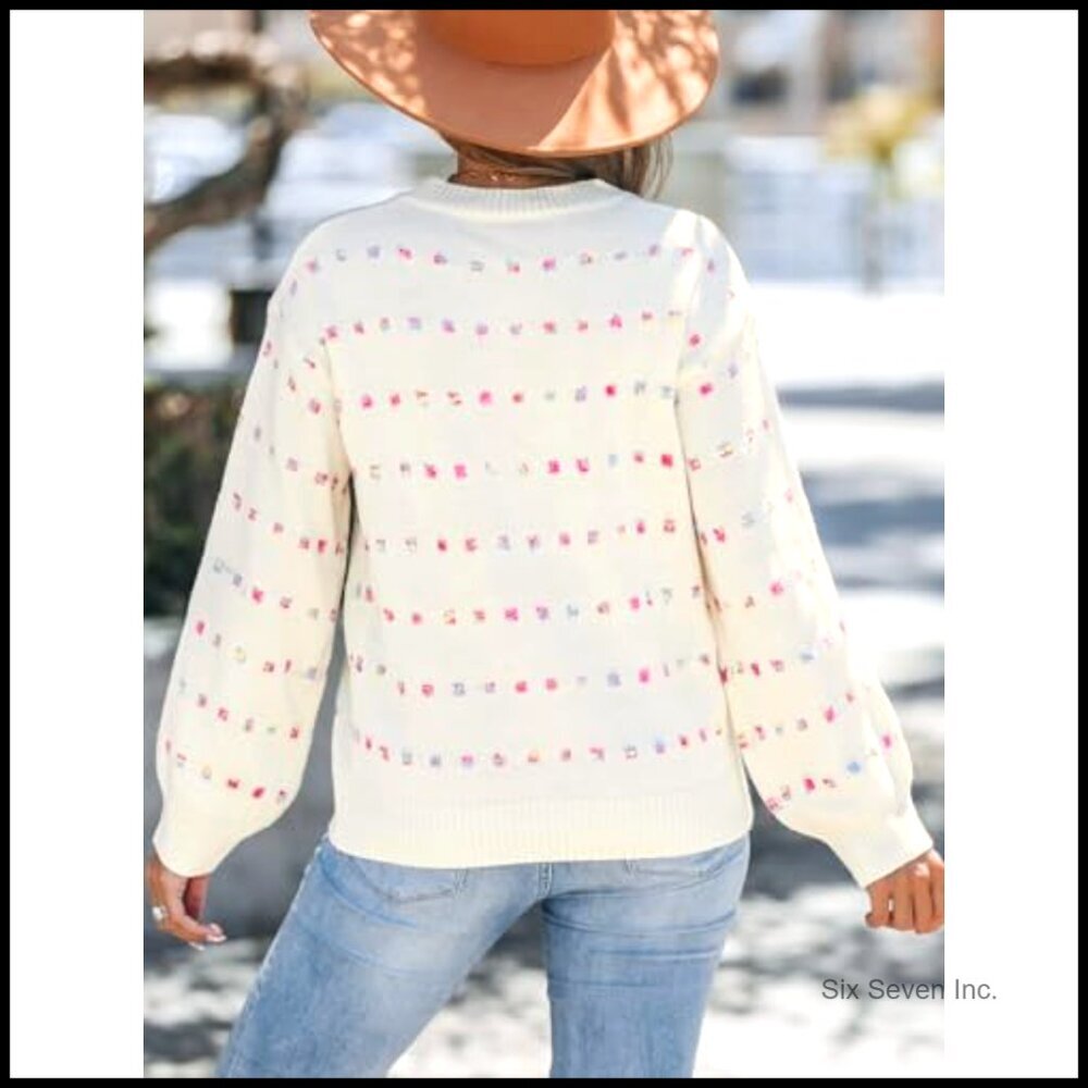 Lightweight Knit Pullover Sweater Rainbow Dot Pattern Crewneck Casual - Picture 5 of 5